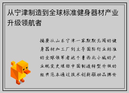 从宁津制造到全球标准健身器材产业升级领航者